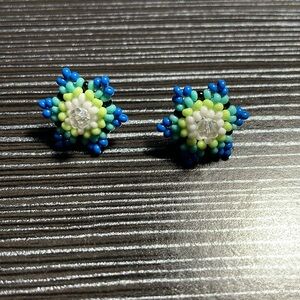 Handmade blue green flower earrings.